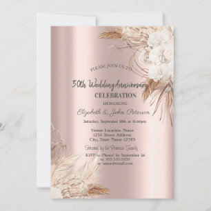 Boho Flowers Rose Gold Wedding Anniversary Invitation