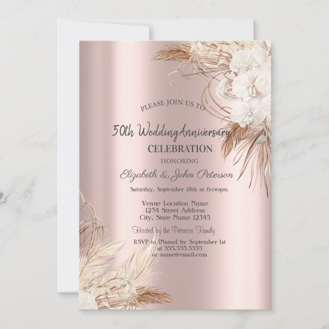 Boho Flowers Rose Gold Wedding Anniversary Invitation (Front)