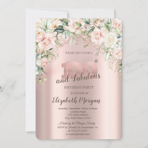 Boho Flowers Roses Rose Gold 100th Birthday Invitation
