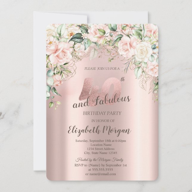 Boho Flowers Roses Rose Gold 40th Birthday Invitation (Front)