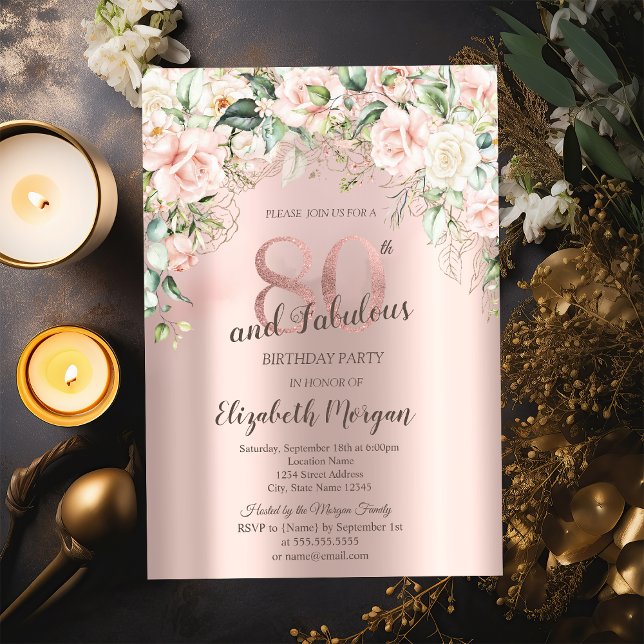 Boho Flowers Roses Rose Gold 80th Birthday Invitation (Creator Uploaded)
