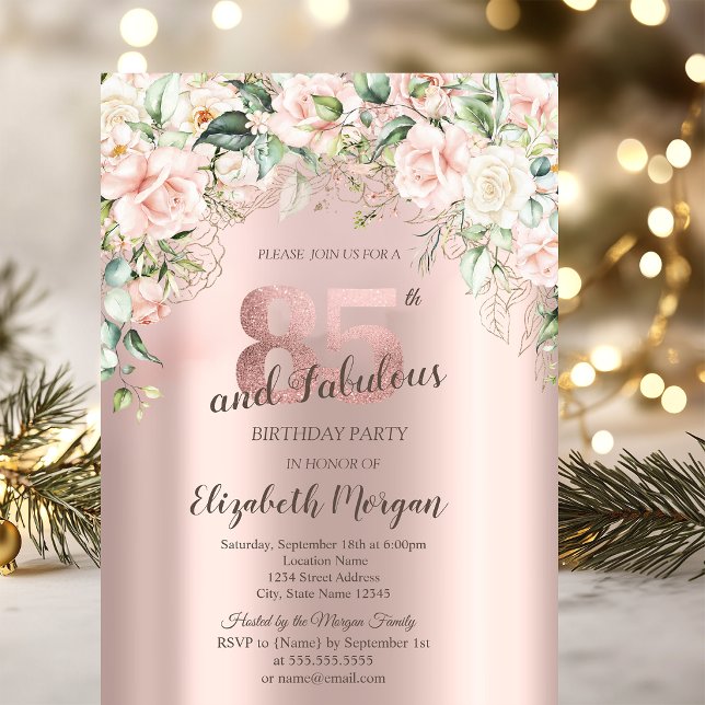 Boho Flowers Roses Rose Gold 85th Birthday Invitation (Creator Uploaded)