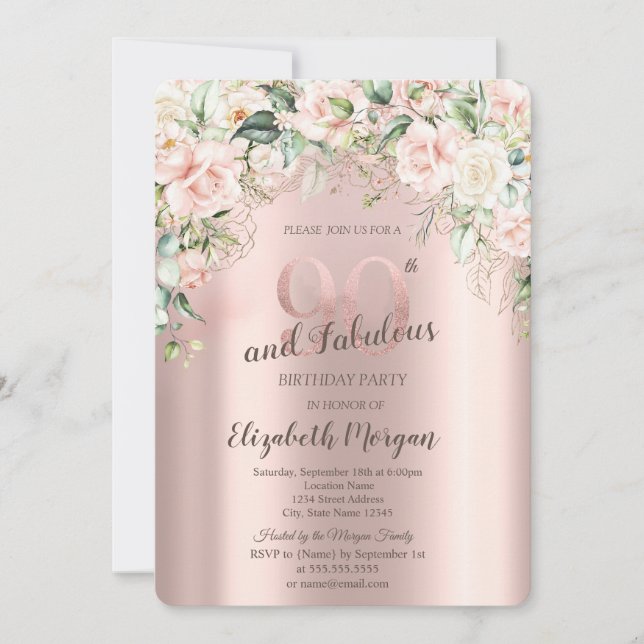Boho Flowers Roses Rose Gold 90th Birthday Invitation (Front)