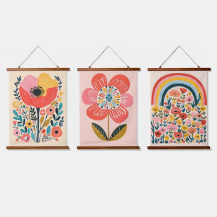 Boho Flowers Scandinavian Cute Illustration Hanging Tapestry