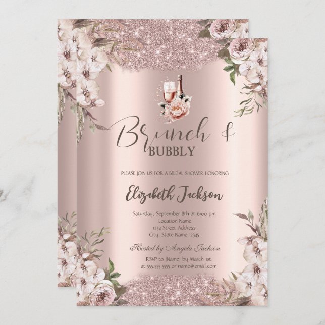 Boho Flowers Shiny Frame Rose Gold Bridal Shower  Invitation (Front/Back)