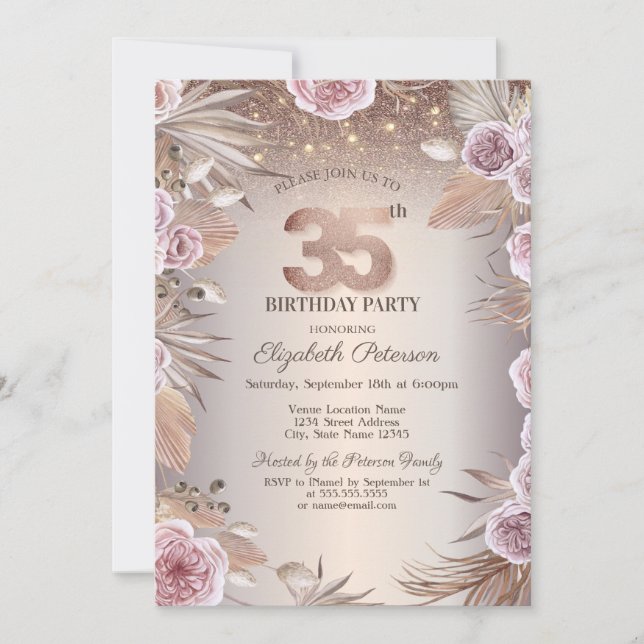 Boho Flowers,String Lights Bokeh 35th Birthday Invitation (Front)