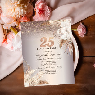 Boho Flowers,String Lights Glitter 25th Birthday Invitation