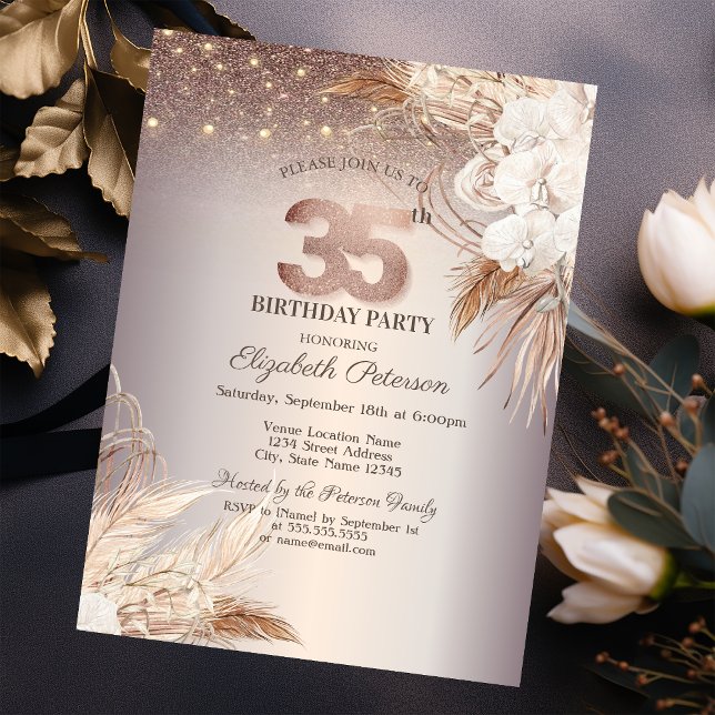 Boho Flowers,String Lights Glitter 35th Birthday Invitation (Creator Uploaded)