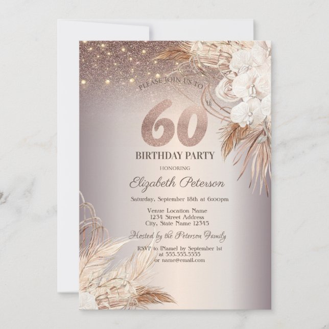 Boho Flowers,String Lights Glitter 60th Birthday Invitation (Front)