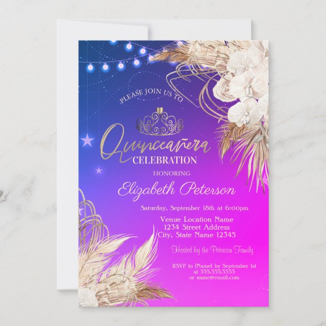 Boho Flowers String Lights Ombre Quinceañera Invitation (Front)