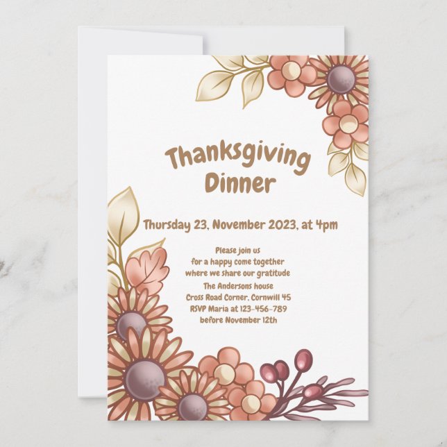 Boho flowers Thanksgiving Dinner Invitation (Front)