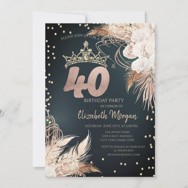 Boho Flowers Tiara Diamonds Green 40th Invitation (Front)