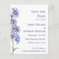 Boho Flowers Watercolor Blue Aster Save the Date