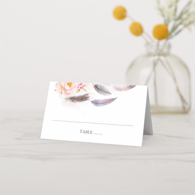 Boho Flowers Watercolor Feathers Place Card (Front)