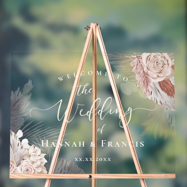 Boho flowers wedding welcome acrylic sign (Neutral)