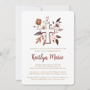 Boho Flowers with Cross First Holy Communion Invitation