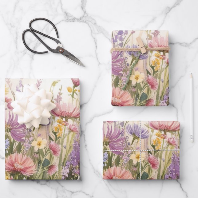 Boho Flowers Wrapping Paper Flat Sheet Set of 3 (Front)