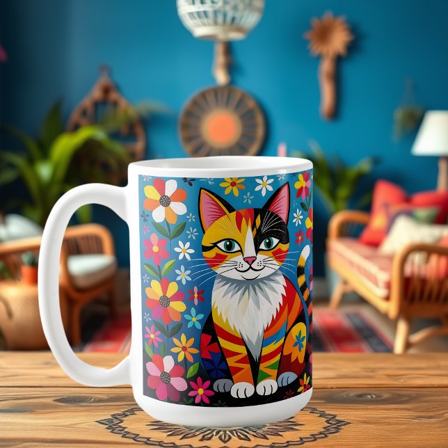 Boho Folk Art Cat, Flowers & Butterfly   Coffee Mug (Creator Uploaded)