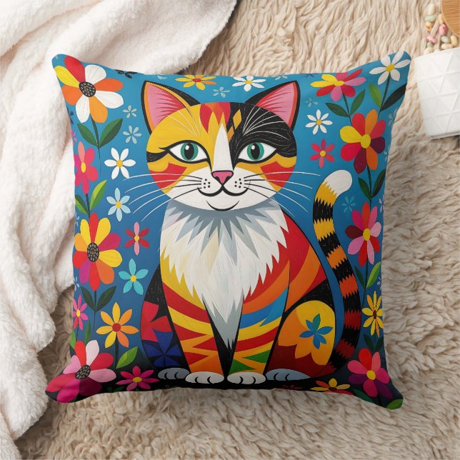 Boho Folk Art Cat, Flowers & Butterfly   Cushion (Blanket)