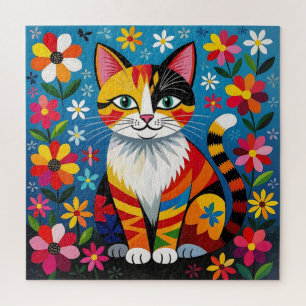 Boho Folk Art Cat, Flowers & Butterfly Jigsaw Puzzle