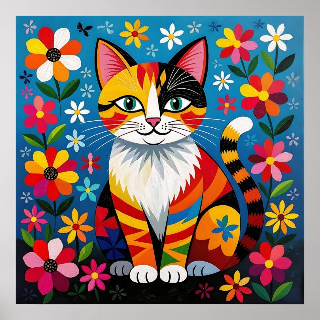 Boho Folk Art Cat, Flowers & Butterfly   Poster (Front)