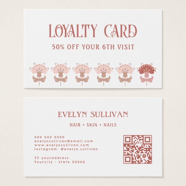 boho folk art flowers qr code loyalty card (Front & Back)