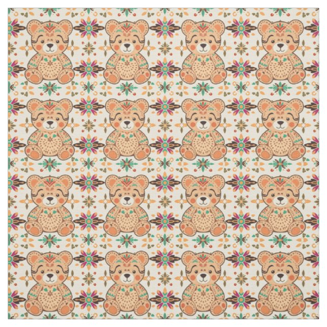 Boho Folk Art Teddy Bear Seamless Pattern Fabric (Swatch)