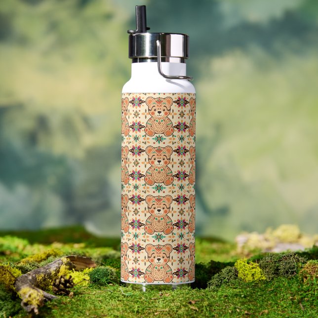 Boho Folk Art Teddy Bear Seamless Pattern Water Bottle (Outdoor)