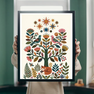 Boho Folk Art Tree of Life Peacock Celestial Poste Poster
