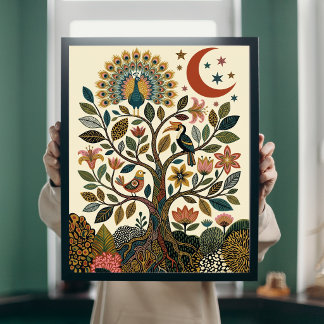 Boho Folk Art Tree of Life Peacock Celestial Poste Poster