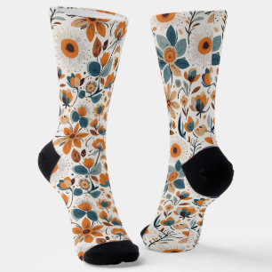Boho Folk Art Wildflower Meadow Rust Teal Floral Socks