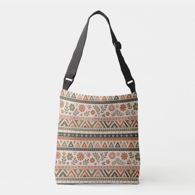 Boho Folk Floral Geometric Seamless Pattern Crossbody Bag (Front)