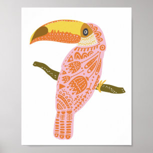 Boho Folk Floral Toucan Illustration in Pink  Poster