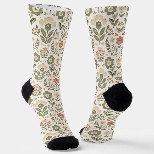 Boho Folk Flowers Earthy Colours Socks (Angled)