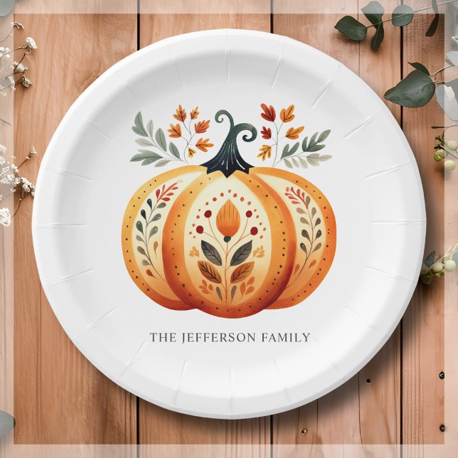 Boho Folk Pumpkin Thanksgiving Paper Plate (Creator Uploaded)