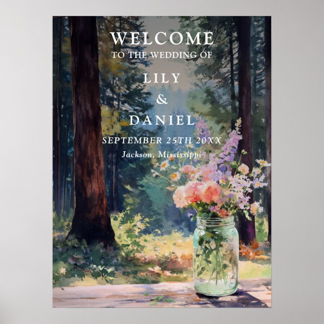 Boho Forest Floral Mason Jar Wedding Welcome Sign (Front)