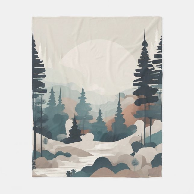 Boho Forest Landscape Artwork Fleece Blanket (Front)