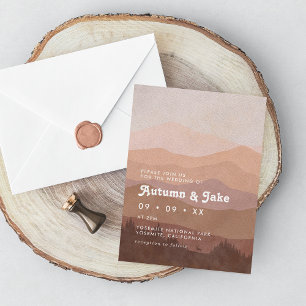 Boho Forest Mountains Retro Pink & Brown Wedding Invitation