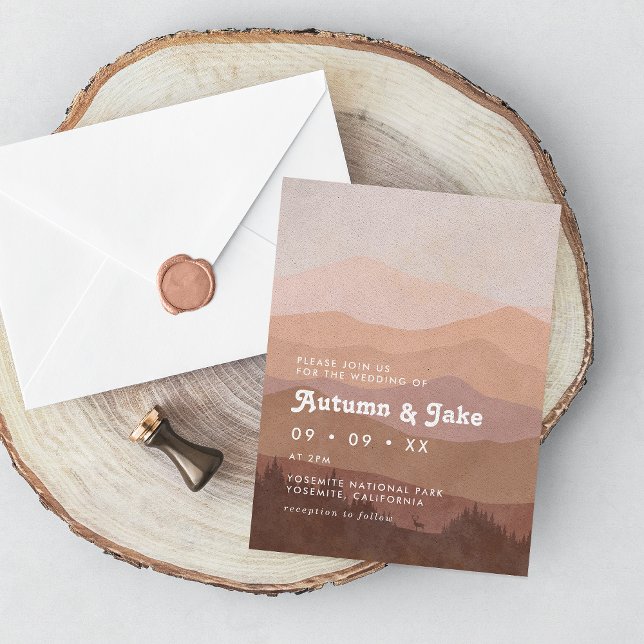 Boho Forest Mountains Retro Pink & Brown Wedding  Invitation (Creator Uploaded)