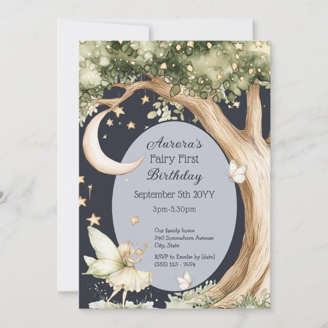 Boho forest watercolor Fairy First birthday Invitation (Front)