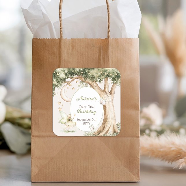 Boho Forest Watercolor Fairy First birthday Square Sticker (Creator Uploaded)