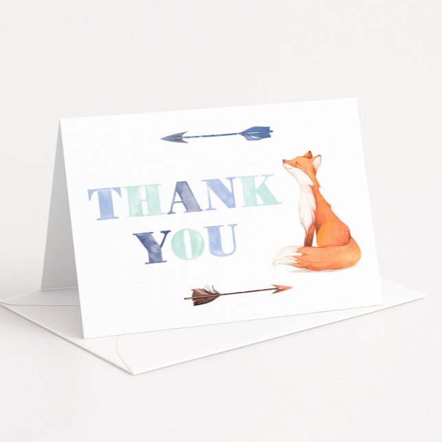 Boho Fox Birthday Orange And Blue  Thank You Card (Boho watercolor blue and orange thank you card design with cute fox)