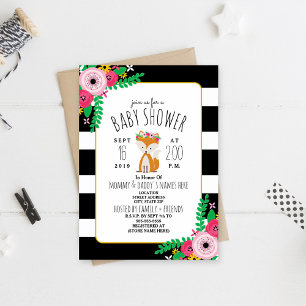 Boho Fox Black + White Stripe Baby Shower Invite
