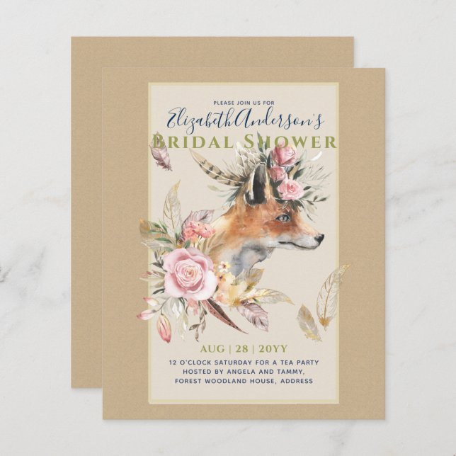 Boho FOX Bridal Shower Woodland Feathers Floral (Front/Back)