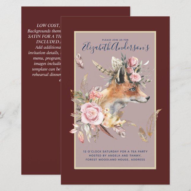 Boho FOX Bridal Shower Woodland Feathers Floral (Front/Back)