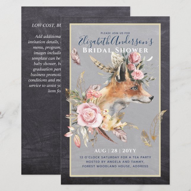 Boho FOX Bridal Shower Woodland Feathers Floral (Front/Back)