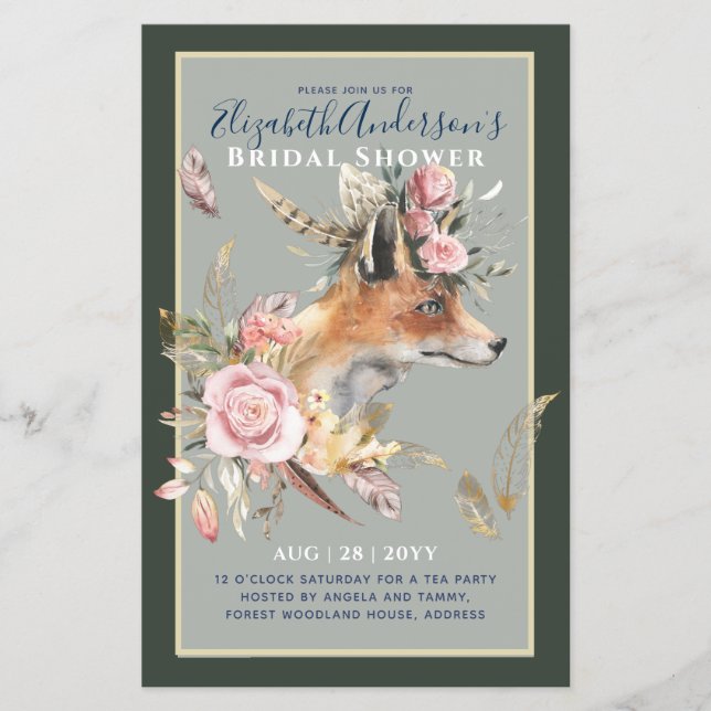 Boho FOX Bridal Shower Woodland Feathers Floral Flyer (Front)