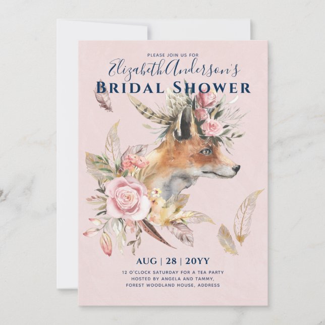 Boho FOX Bridal Shower Woodland Feathers Floral Invitation (Front)