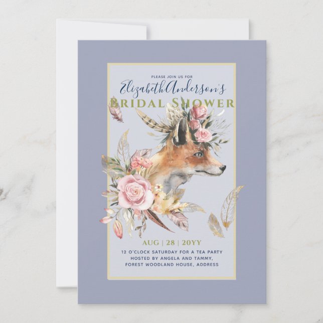 Boho FOX Bridal Shower Woodland Feathers Floral Invitation (Front)