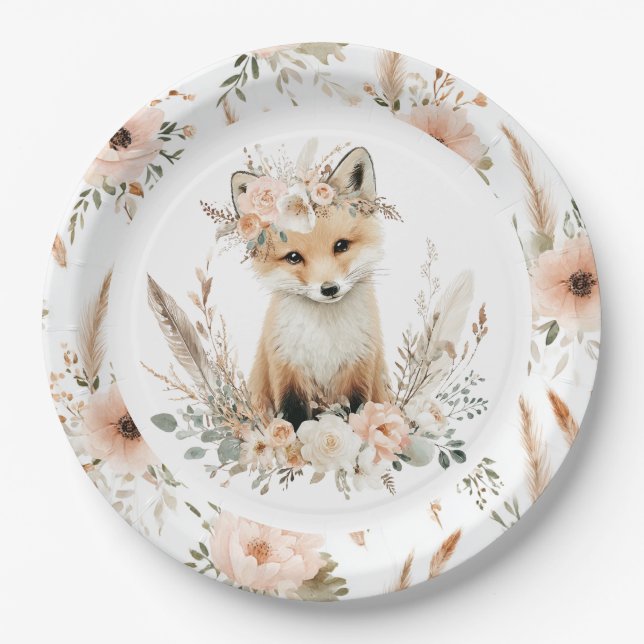 Boho Fox Girl Woodland Party Paper Plate (Front)